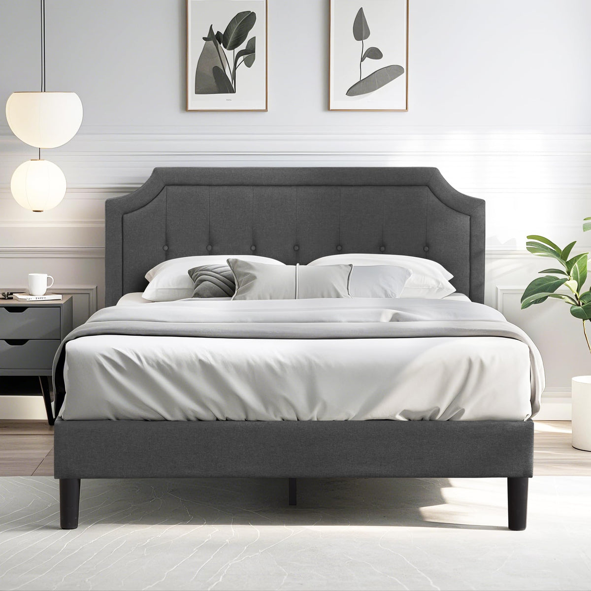 Queen Size Fabric Upholstered Platform Bed Frame with Wooden Slats F642167