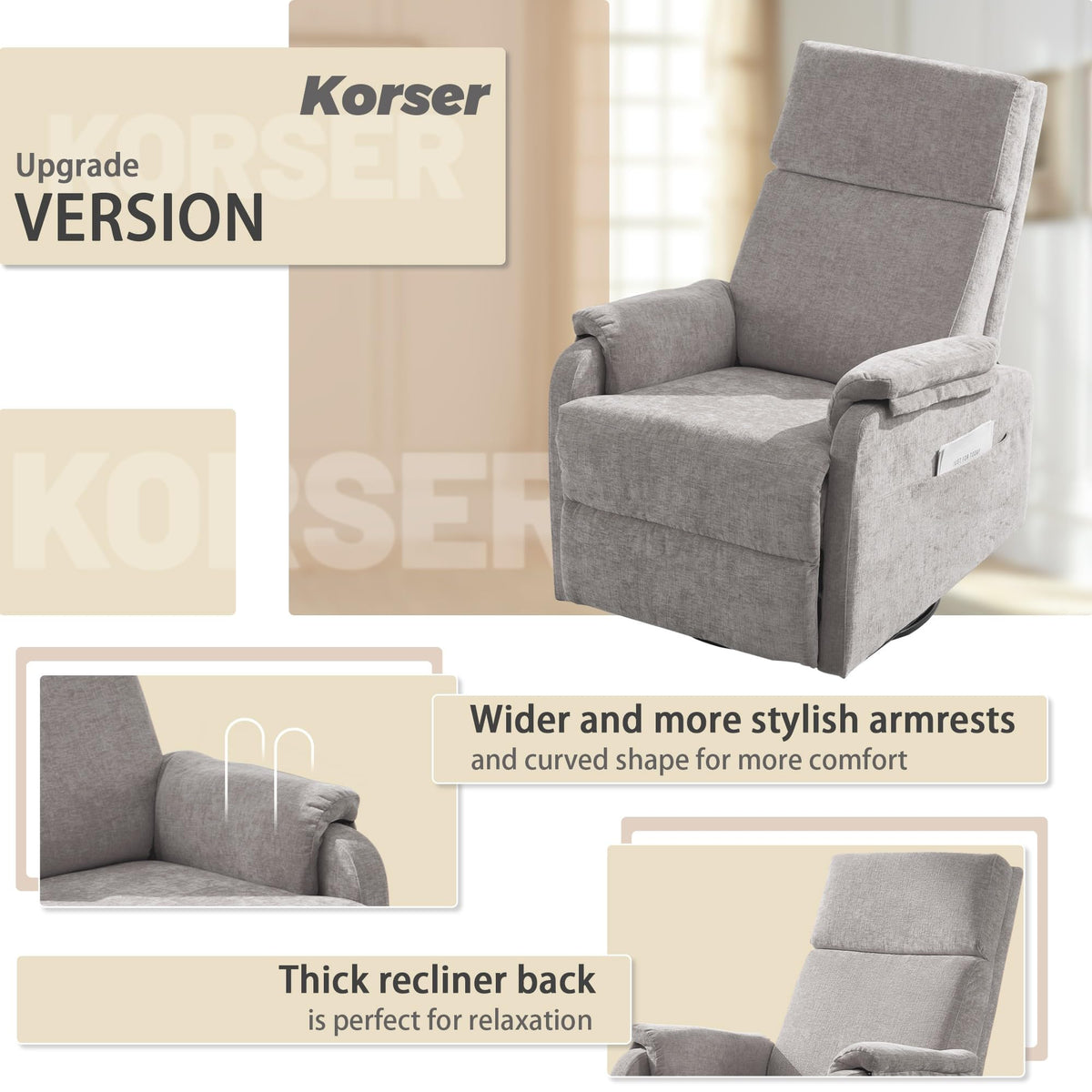 Chenille Grey Swivel Rocking Recliner Chair M771127