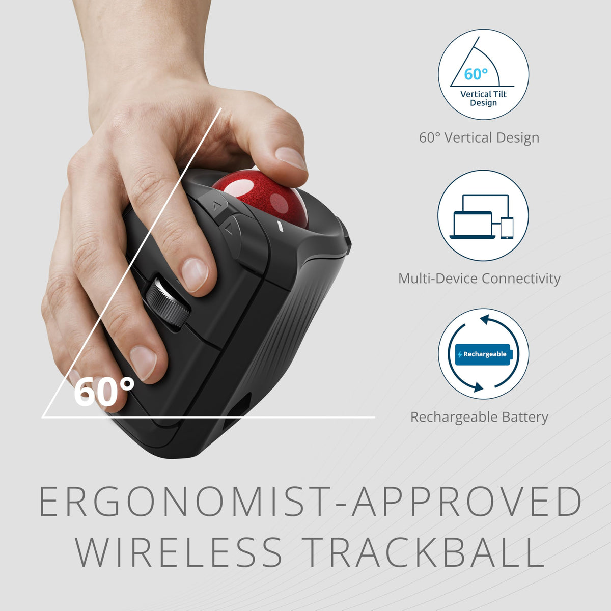 Wireless Vertical Trackball Mouse, Rechargeable - Black R2151