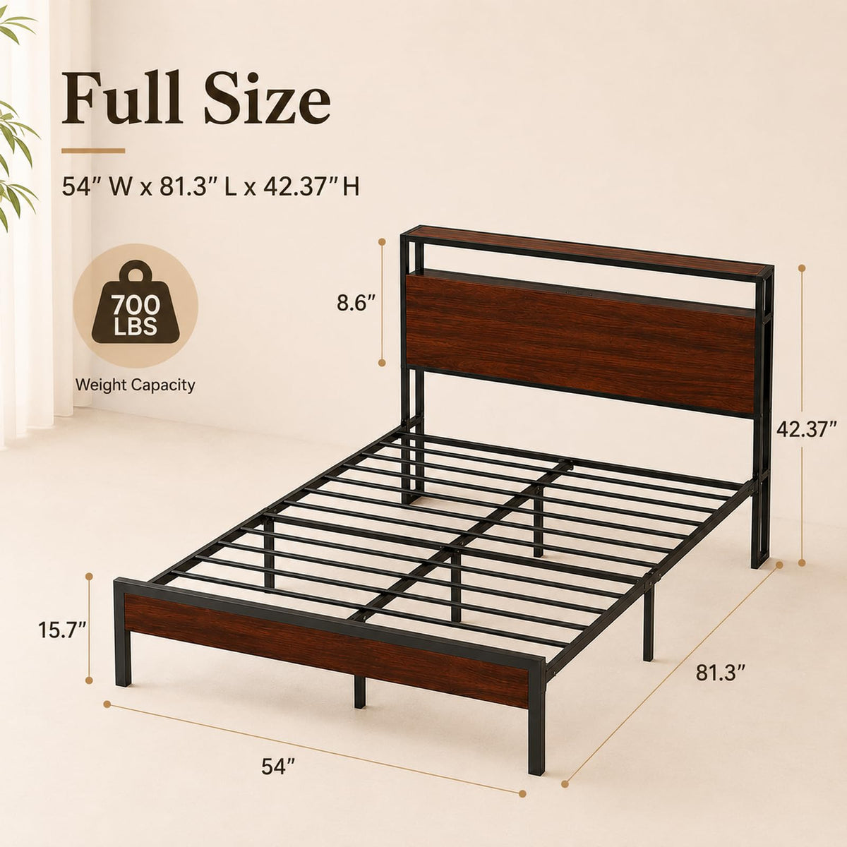Full Size Metal Platform Bed Frame with Wood Headboard and Footboard T39838