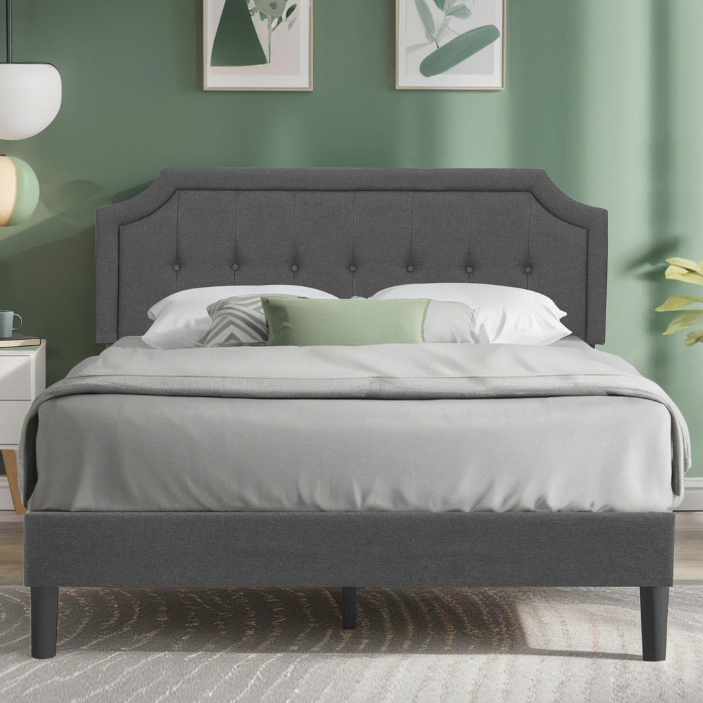 Queen Size Fabric Upholstered Platform Bed Frame with Wooden Slats F642167