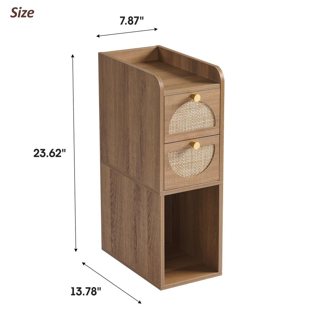 Narrow Rattan Wood Nightstand with 2 Drawers S399