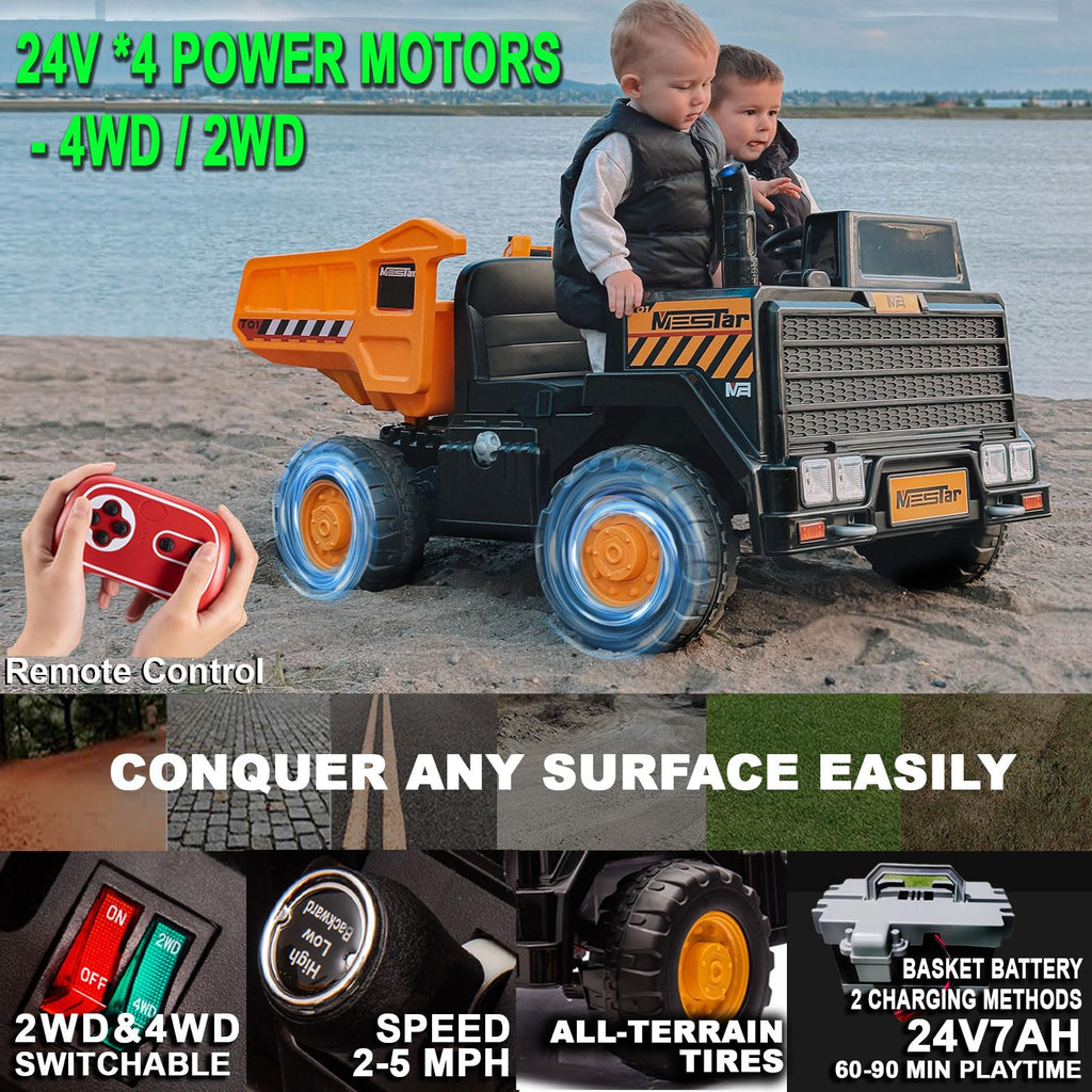 24V Ride On Dump Truck, 2-Seater Kids Electric Car, Yellow K70296