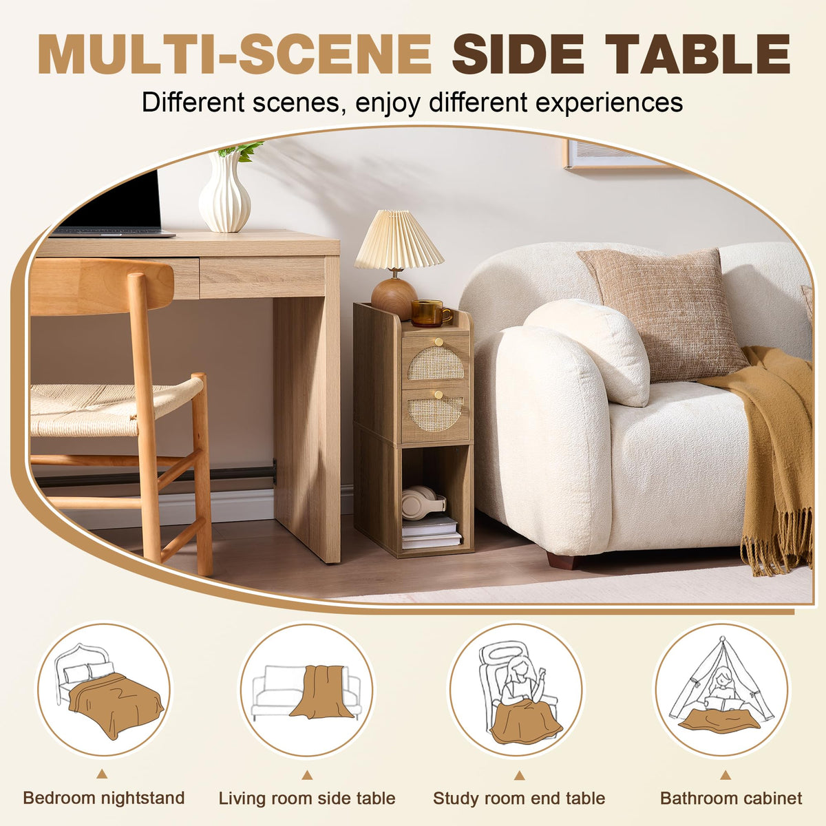 Narrow Rattan Wood Nightstand with 2 Drawers S399