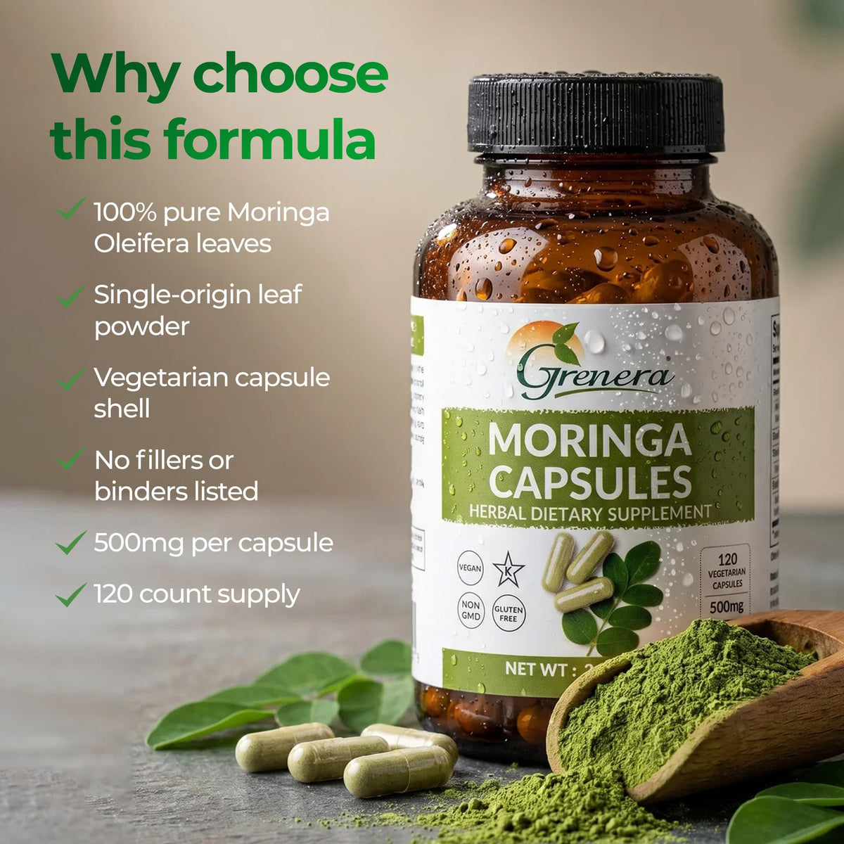 Moringa Capsules 500mg Moringa Oleifera Leaf Powder 120 Count U982