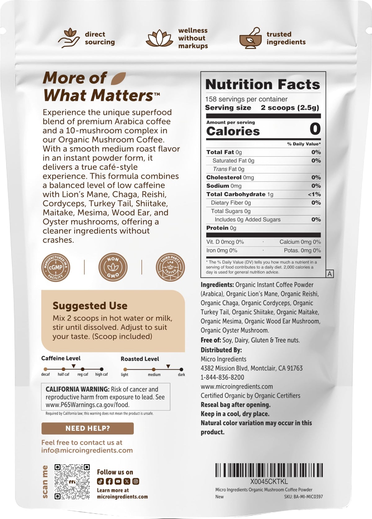 Organic Instant Mushroom Coffee, 14 oz Medium Roast Arabica W7589