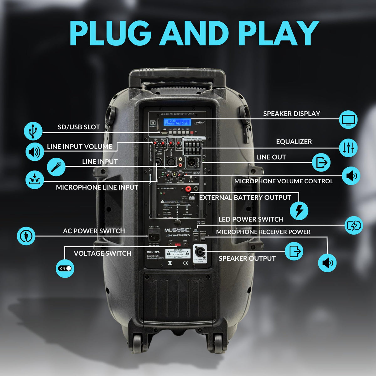 15" 2000W Portable PA Speaker System with Wireless Microphones N8067