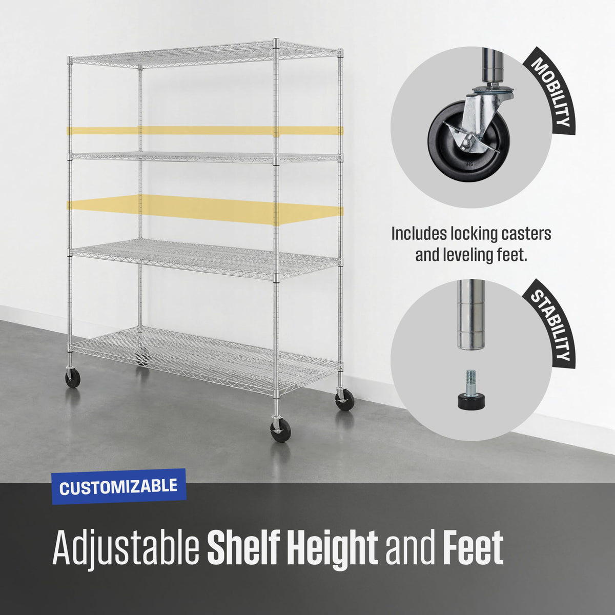 4-Tier Heavy Duty Steel Wire Rack with Wheels O58194