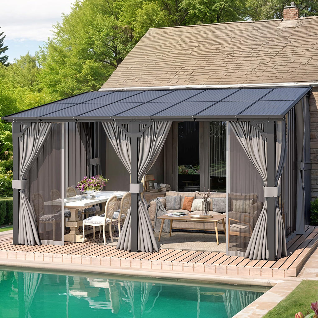 14' x 10' Hard Top Lean to Gazebo with Curtains and Mosquito Netting P52968