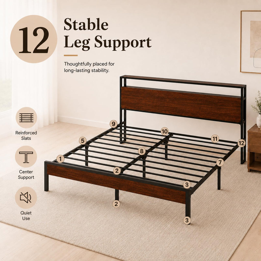 Full Size Metal Platform Bed Frame with Wood Headboard and Footboard T39838