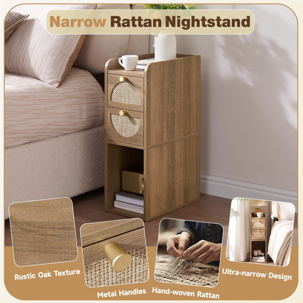 Narrow Rattan Wood Nightstand with 2 Drawers S399