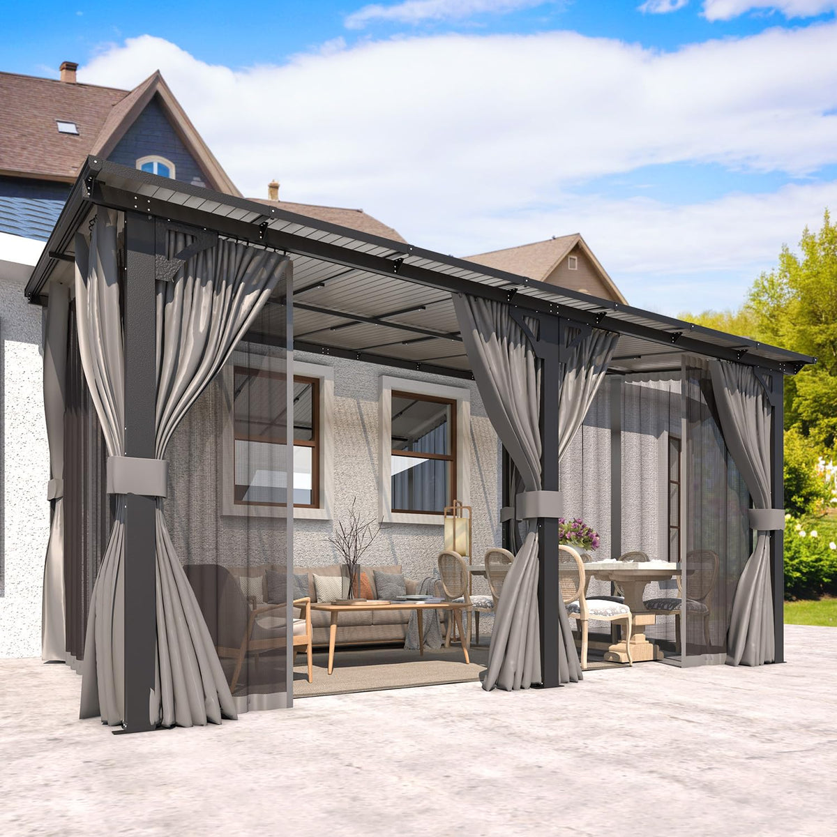 14' x 10' Hard Top Lean to Gazebo with Curtains and Mosquito Netting P52968
