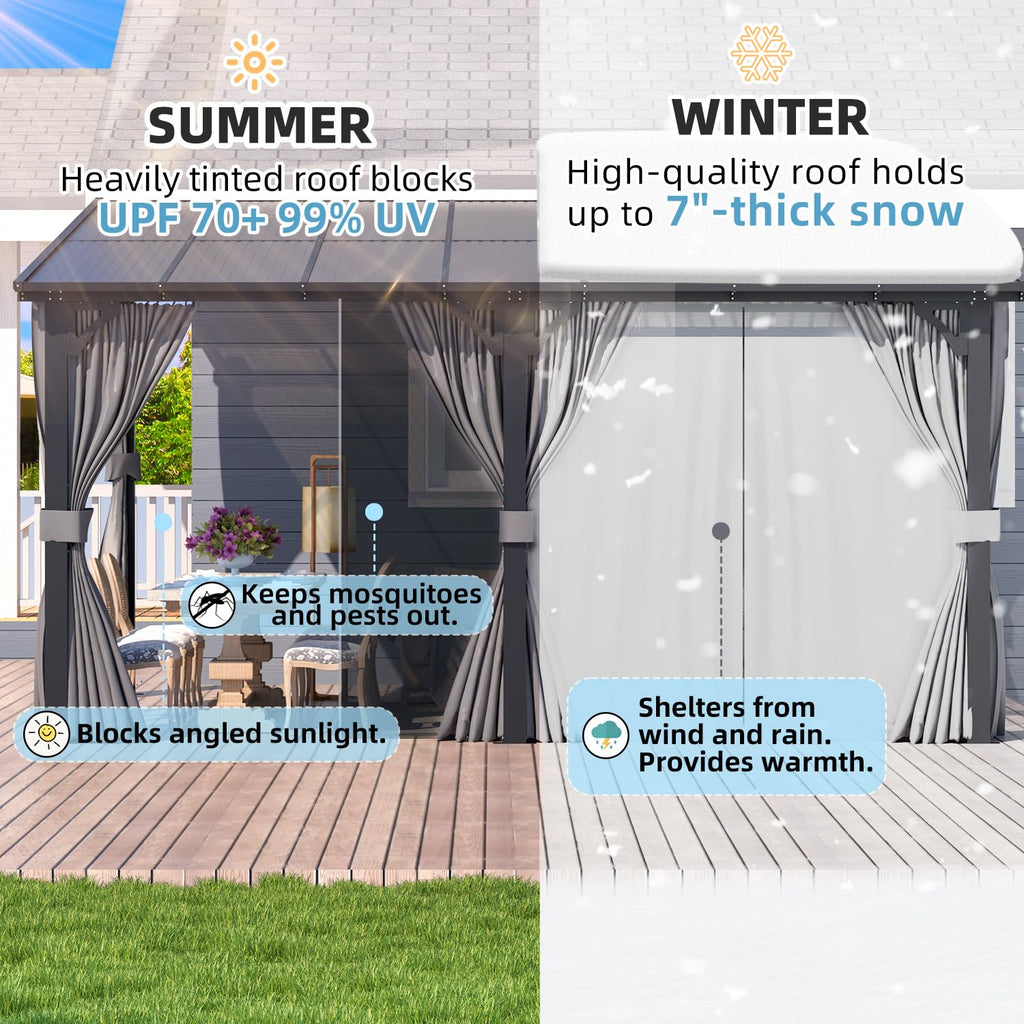 14' x 10' Hard Top Lean to Gazebo with Curtains and Mosquito Netting P52968