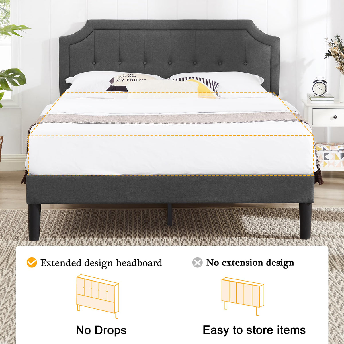 Queen Size Fabric Upholstered Platform Bed Frame with Wooden Slats F642167