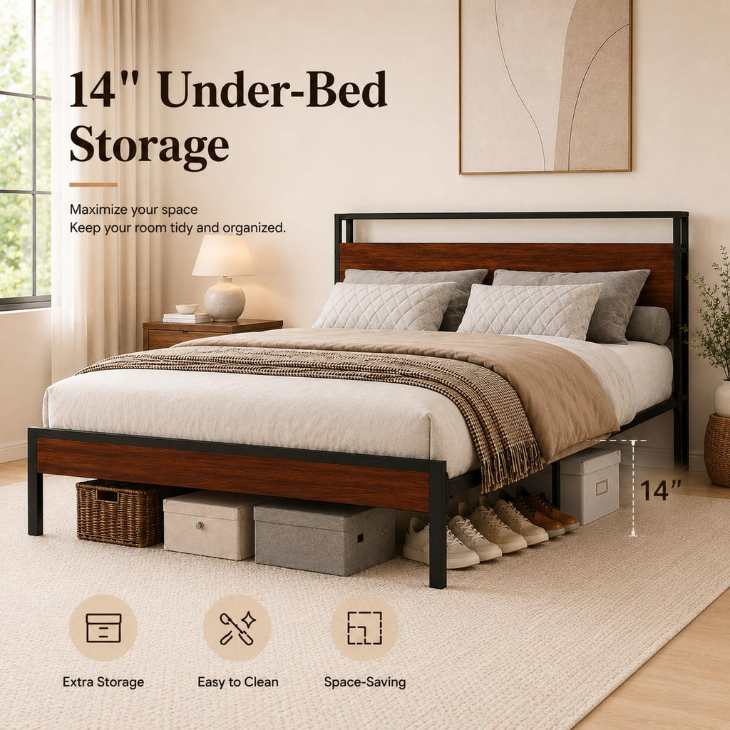 Full Size Metal Platform Bed Frame with Wood Headboard and Footboard T39838
