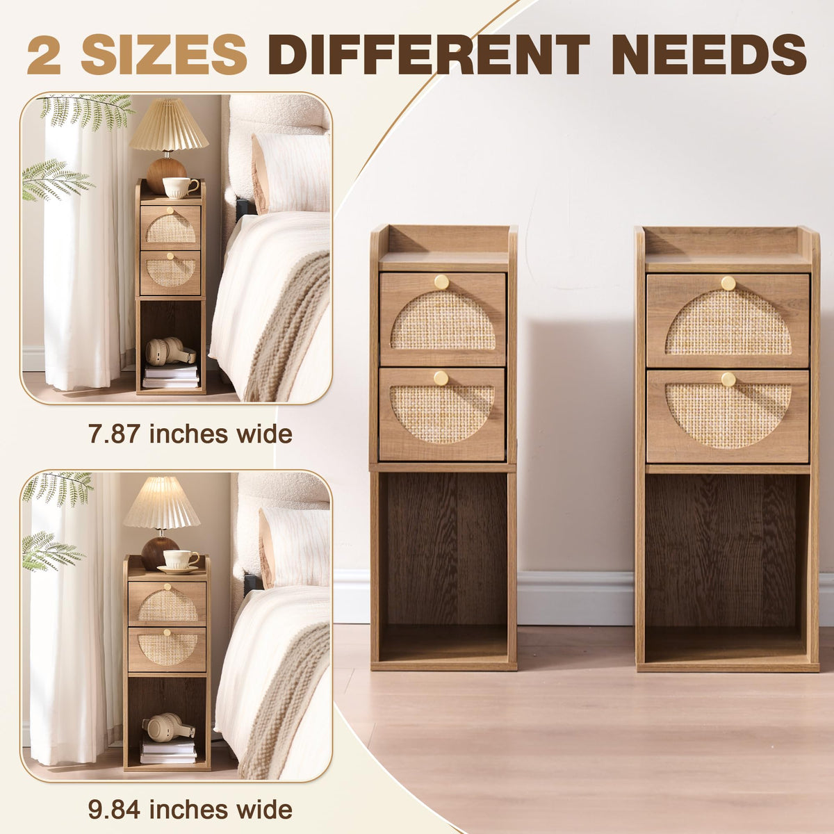 Narrow Rattan Wood Nightstand with 2 Drawers S399