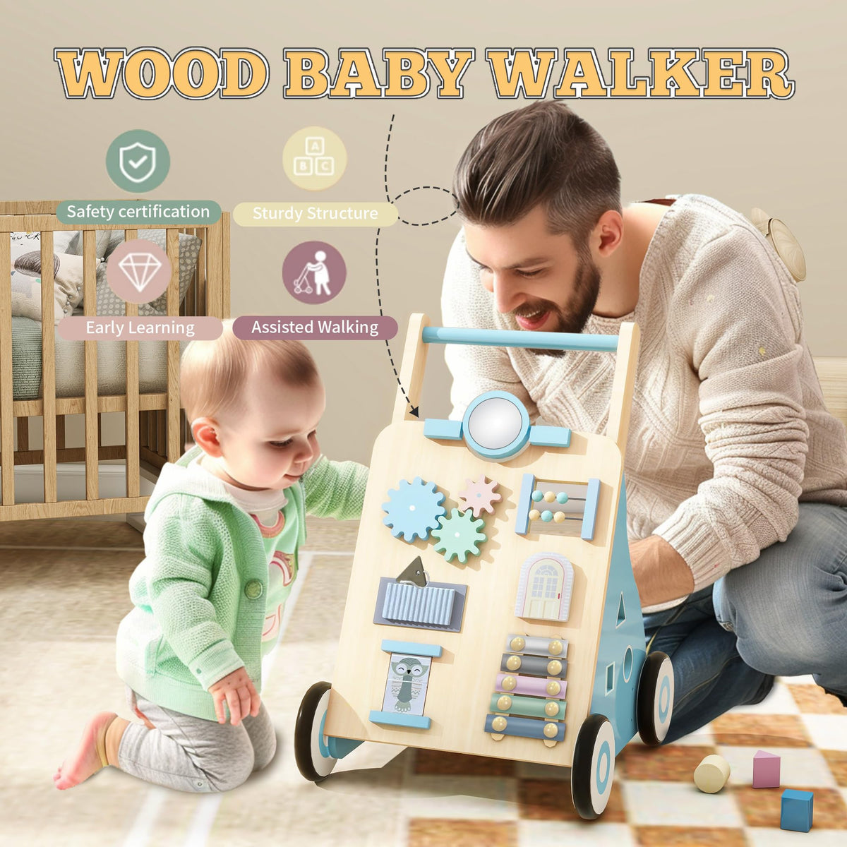 Blue Wooden Baby Walker with Activity Center O578