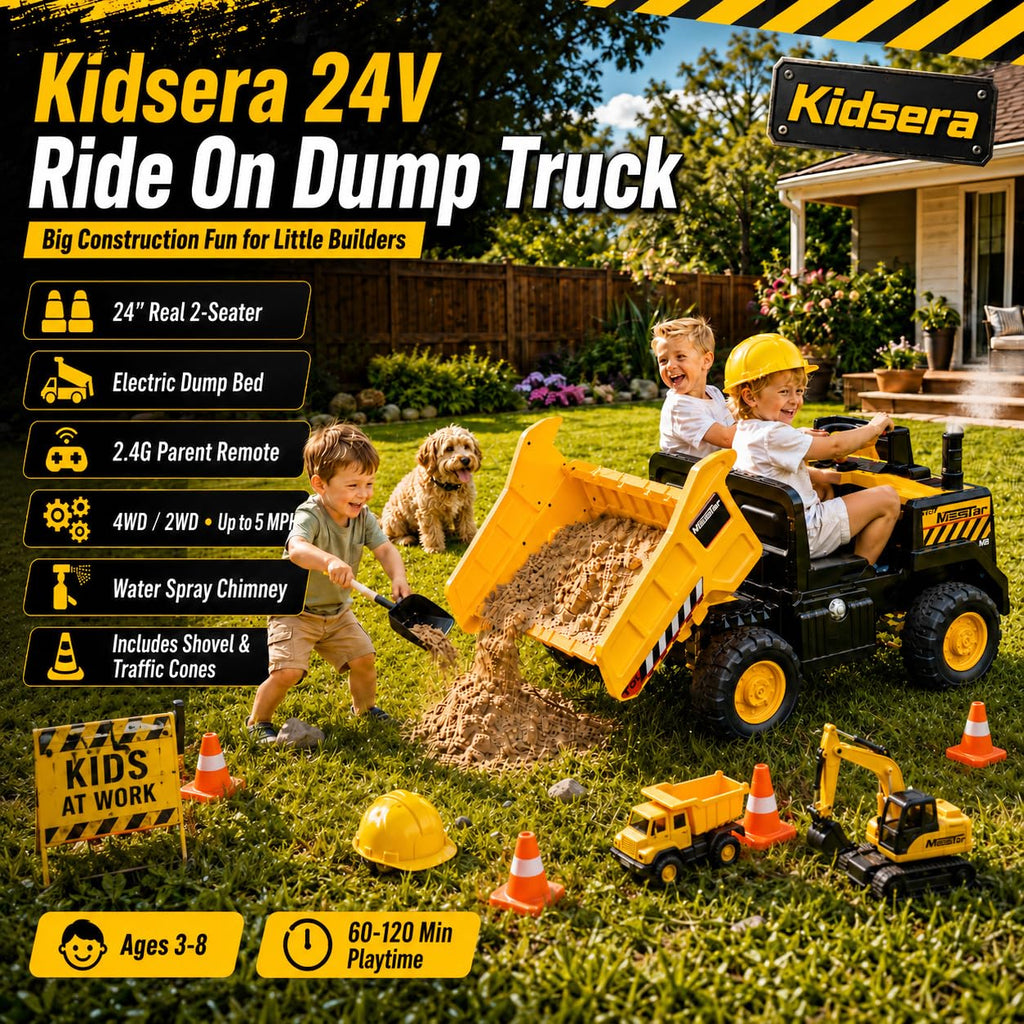 24V Ride On Dump Truck, 2-Seater Kids Electric Car, Yellow K70296