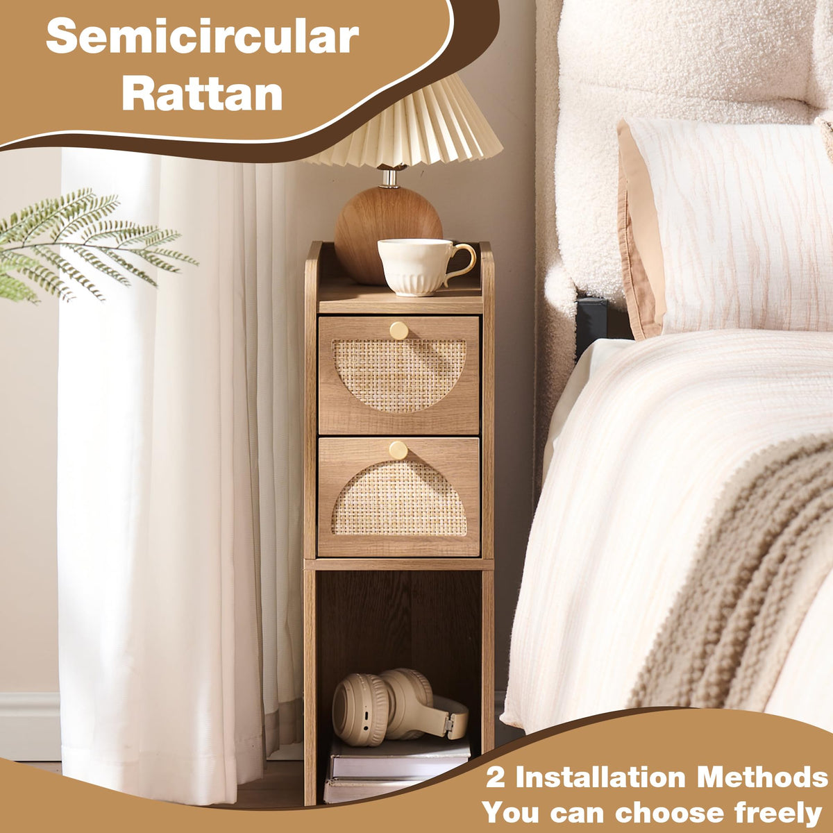 Narrow Rattan Wood Nightstand with 2 Drawers S399