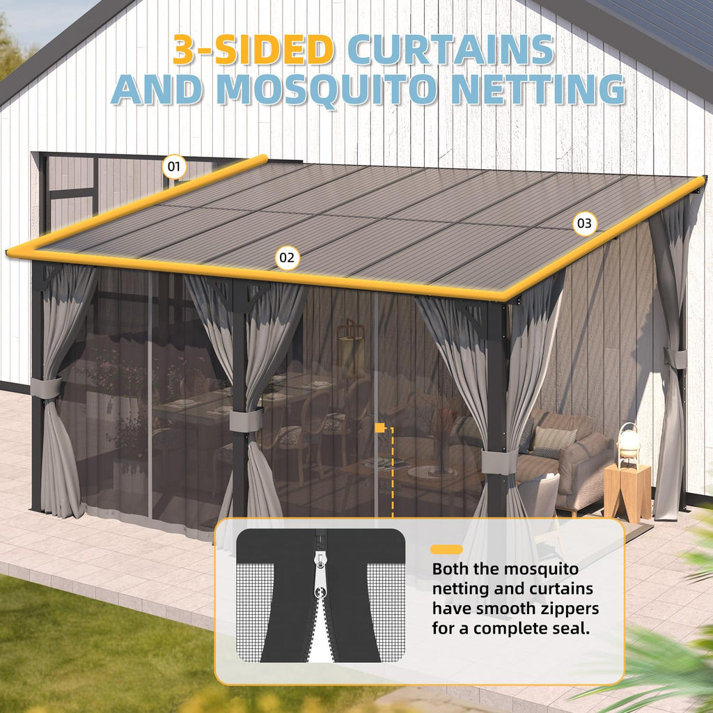 14' x 10' Hard Top Lean to Gazebo with Curtains and Mosquito Netting P52968