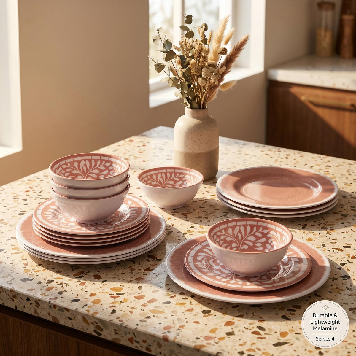 12 Pcs Light Pink Melamine Dinnerware Set W848