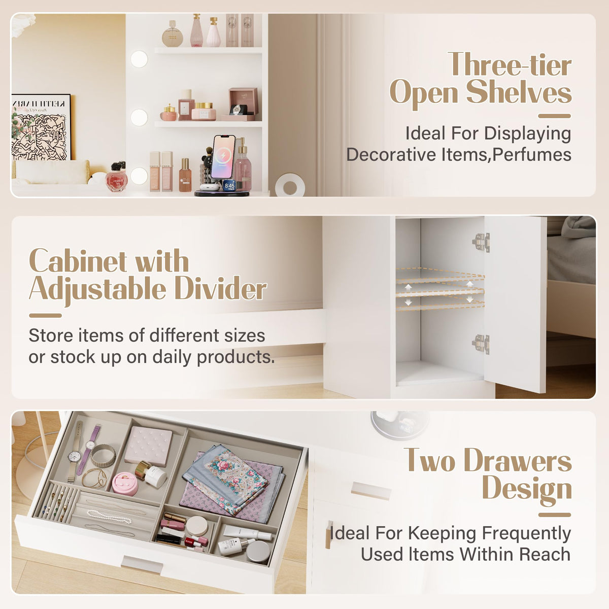 White Vanity Desk with Mirror & Charging Station W8409