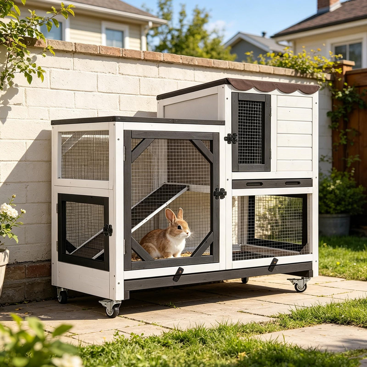 2-Story Wooden Rabbit Hutch with Wheels Q40466