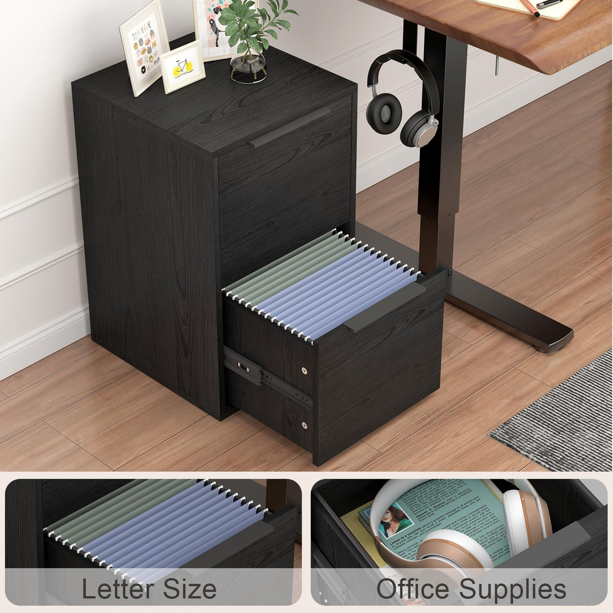Black Two Drawer Wood File Cabinet J239081