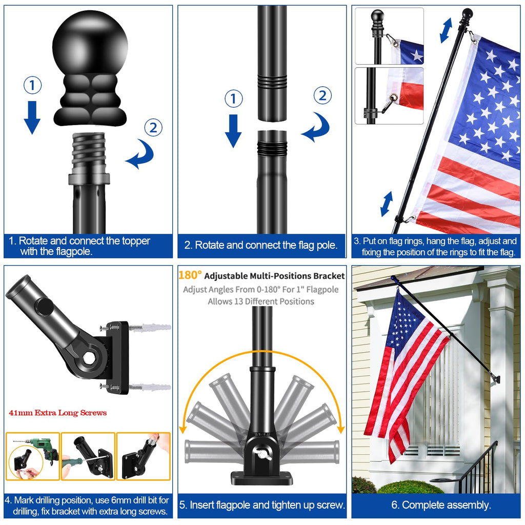 Black 7 FT Stainless Steel Flagpole Kit S7178