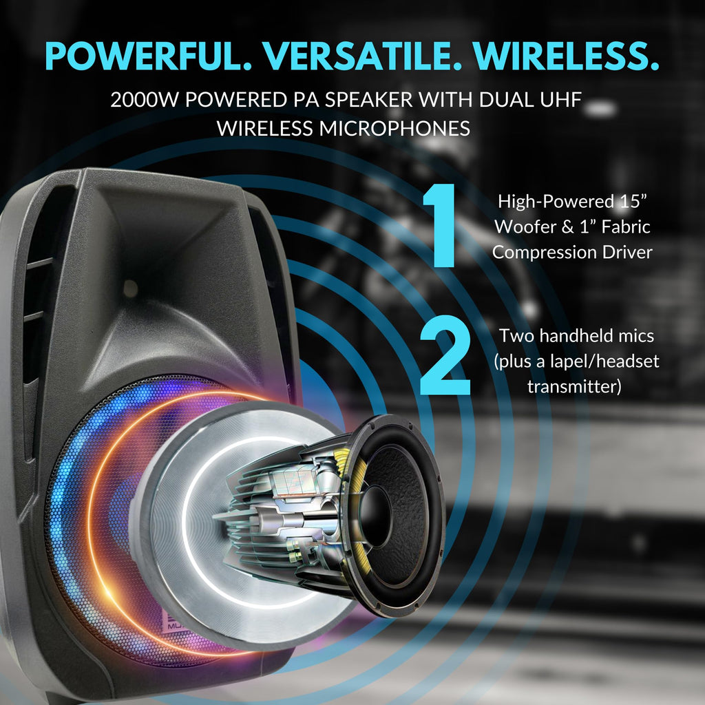 15" 2000W Portable PA Speaker System with Wireless Microphones N8067