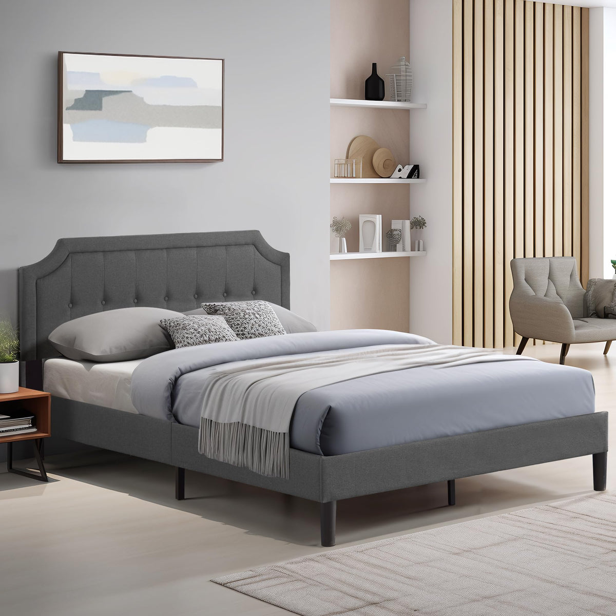 Queen Size Fabric Upholstered Platform Bed Frame with Wooden Slats F642167