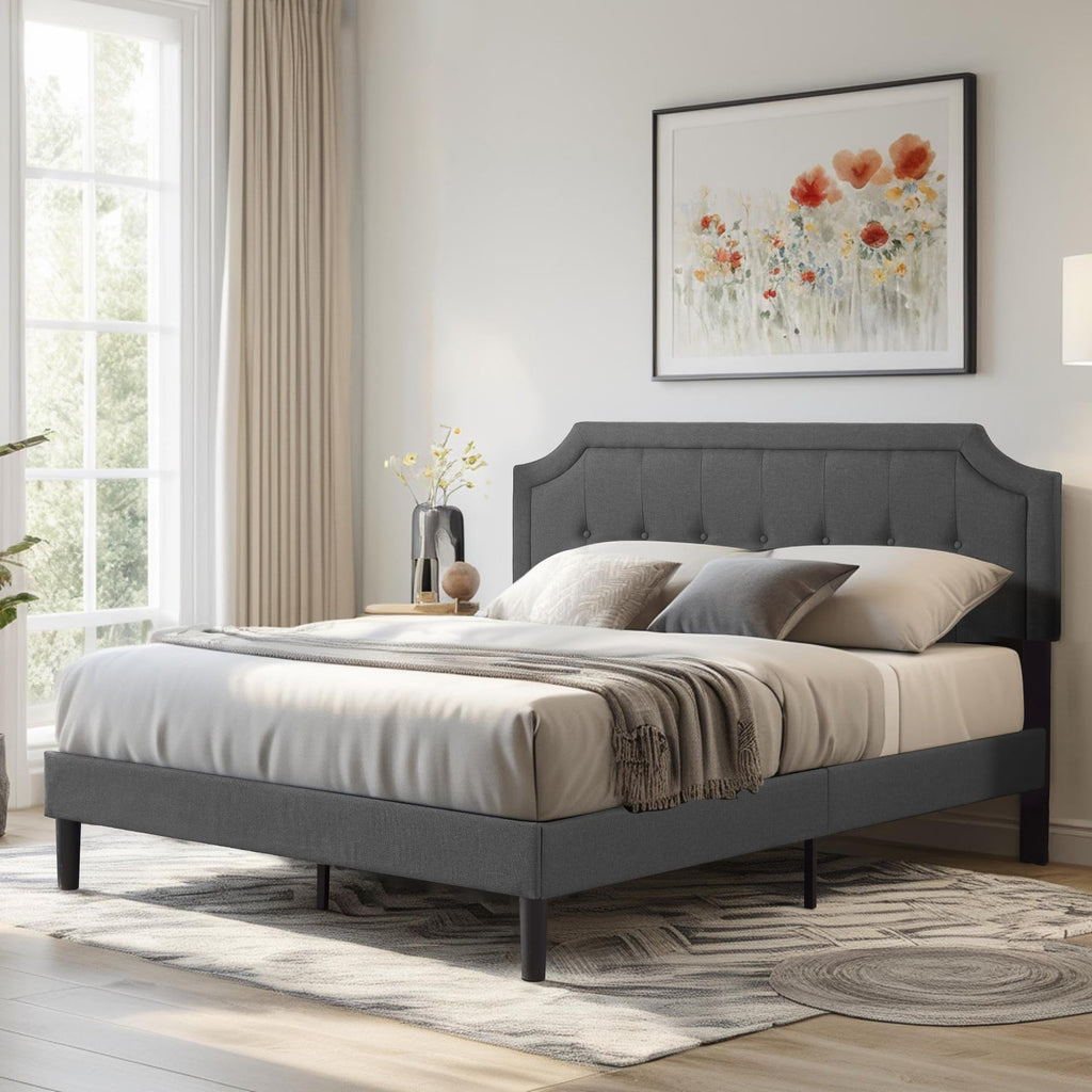Queen Size Fabric Upholstered Platform Bed Frame with Wooden Slats F642167