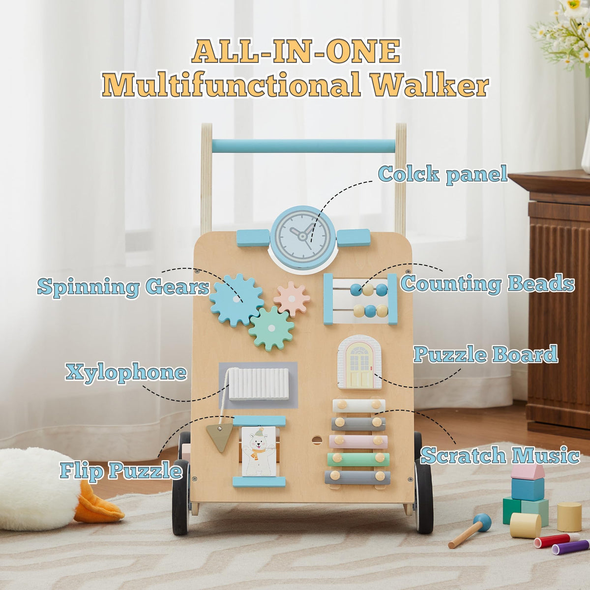 Blue Wooden Baby Walker with Activity Center O578