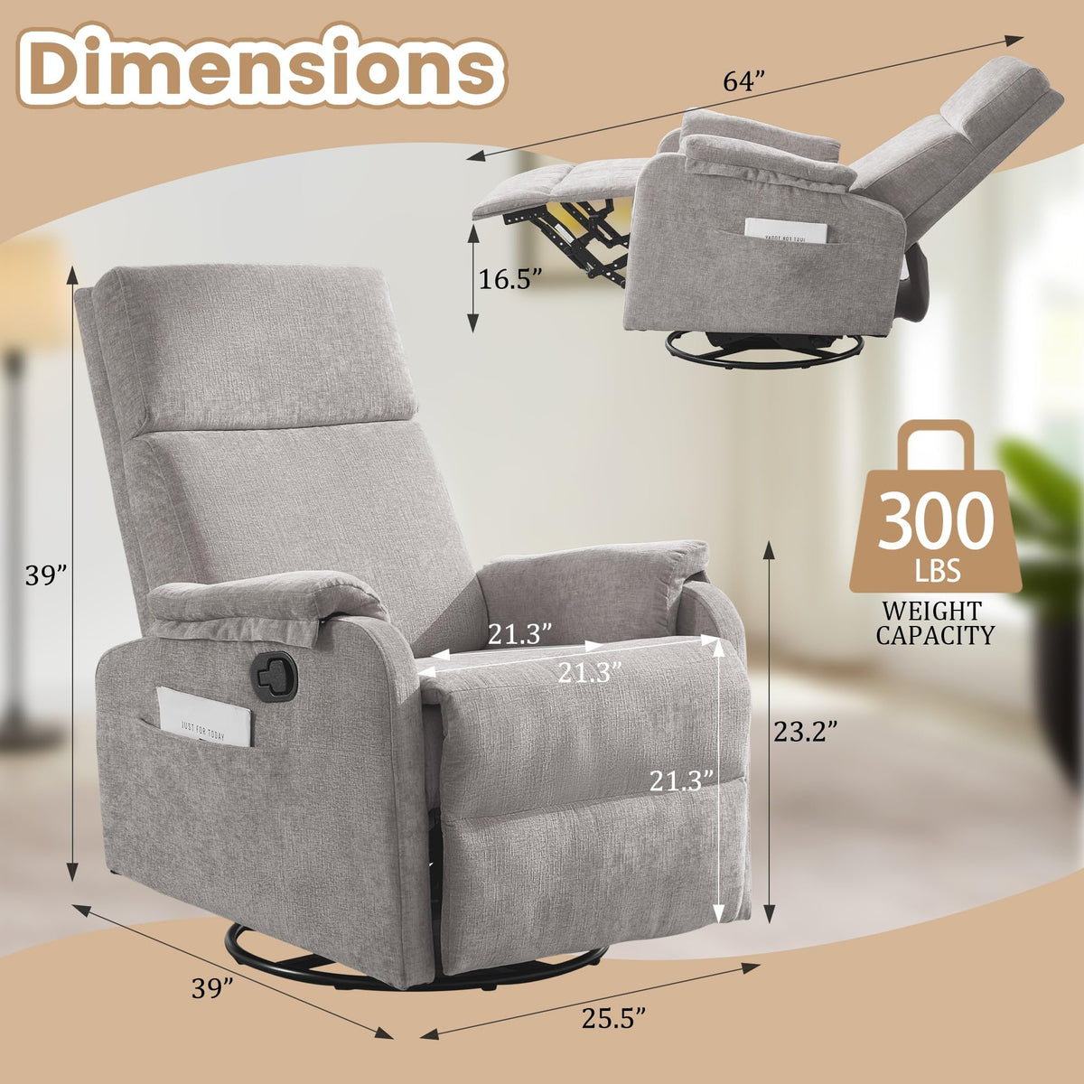 Chenille Grey Swivel Rocking Recliner Chair M771127