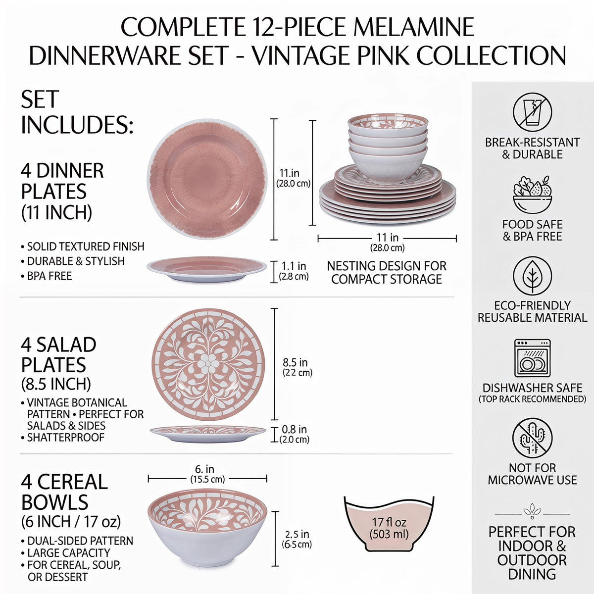 12 Pcs Light Pink Melamine Dinnerware Set W848