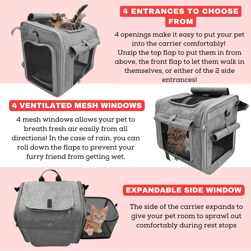 Expandable Reflective Pet Carrier Backpack with 4 Open Doors W9519