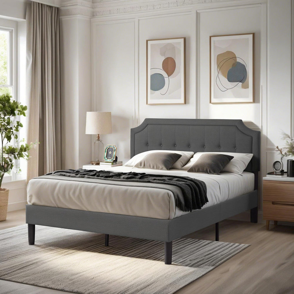 Queen Size Fabric Upholstered Platform Bed Frame with Wooden Slats F642167