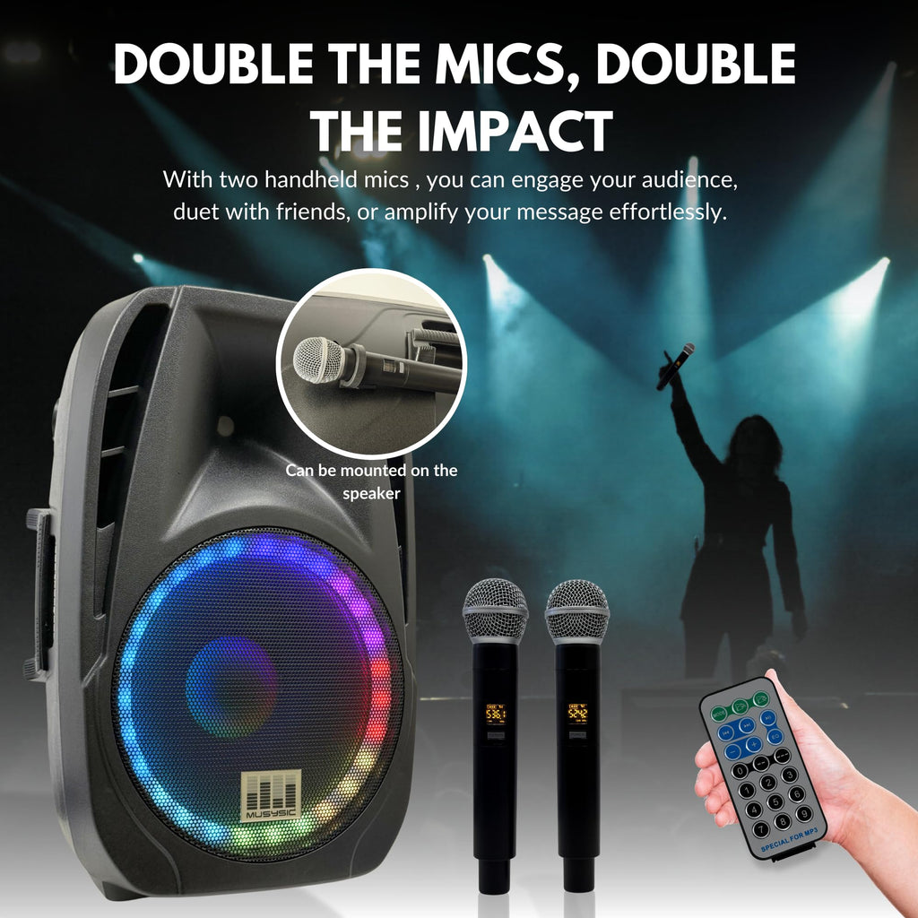 15" 2000W Portable PA Speaker System with Wireless Microphones N8067