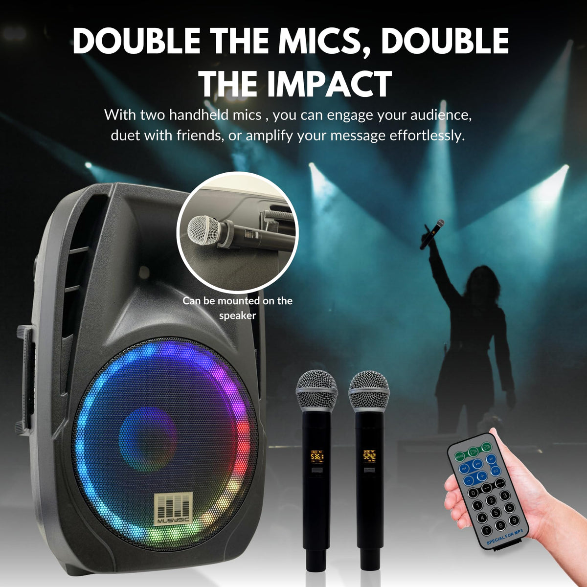 15" 2000W Portable PA Speaker System with Wireless Microphones N8067