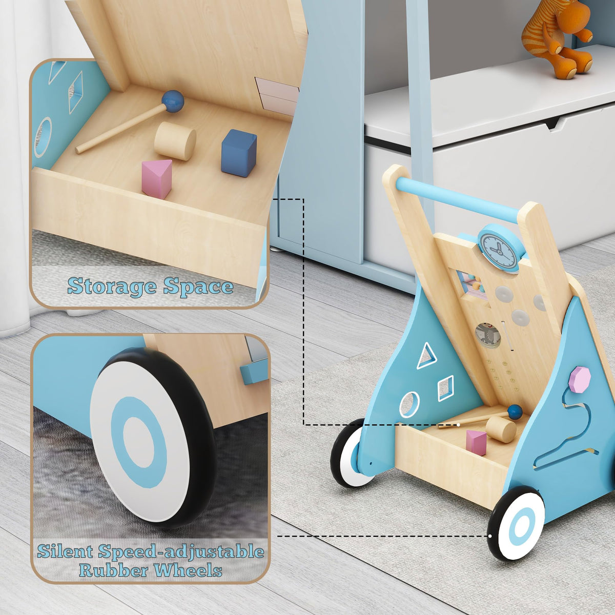 Blue Wooden Baby Walker with Activity Center O578