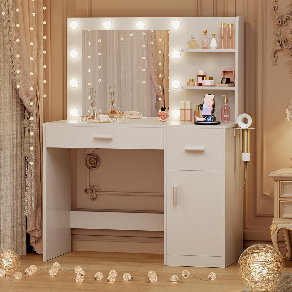 White Vanity Desk with Mirror & Charging Station W8409