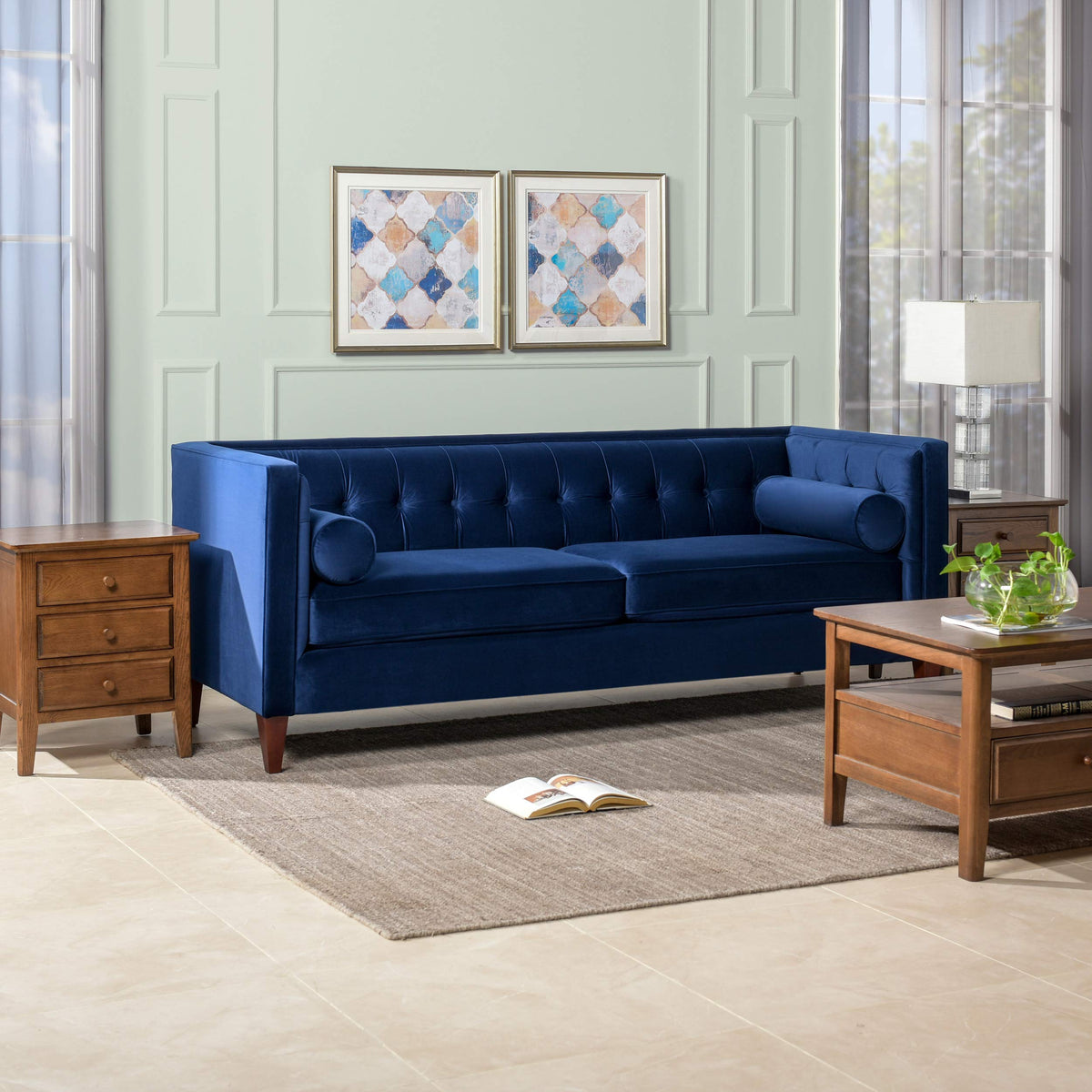 Navy Blue Velvet Tufted Sofa J427827