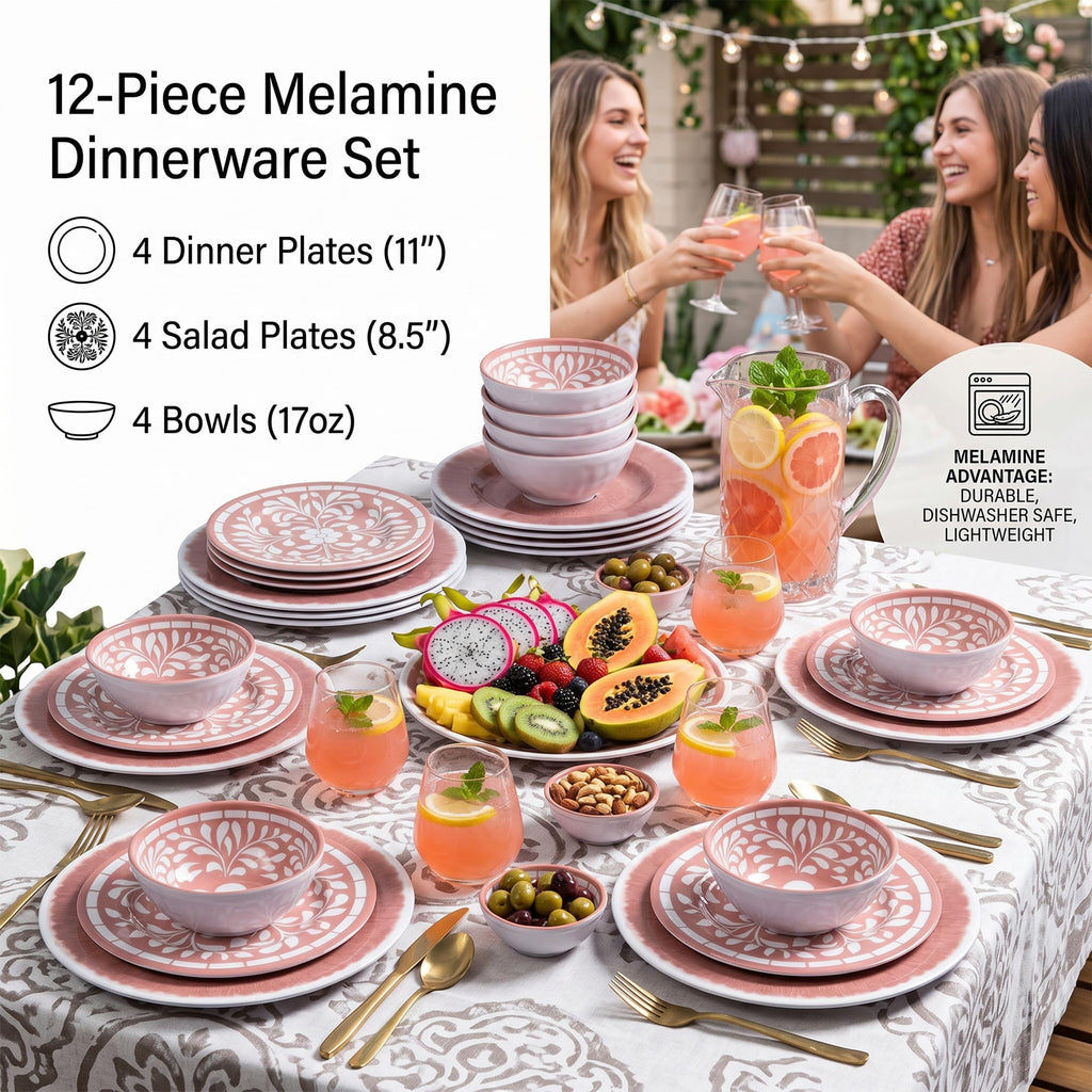 12 Pcs Light Pink Melamine Dinnerware Set W848