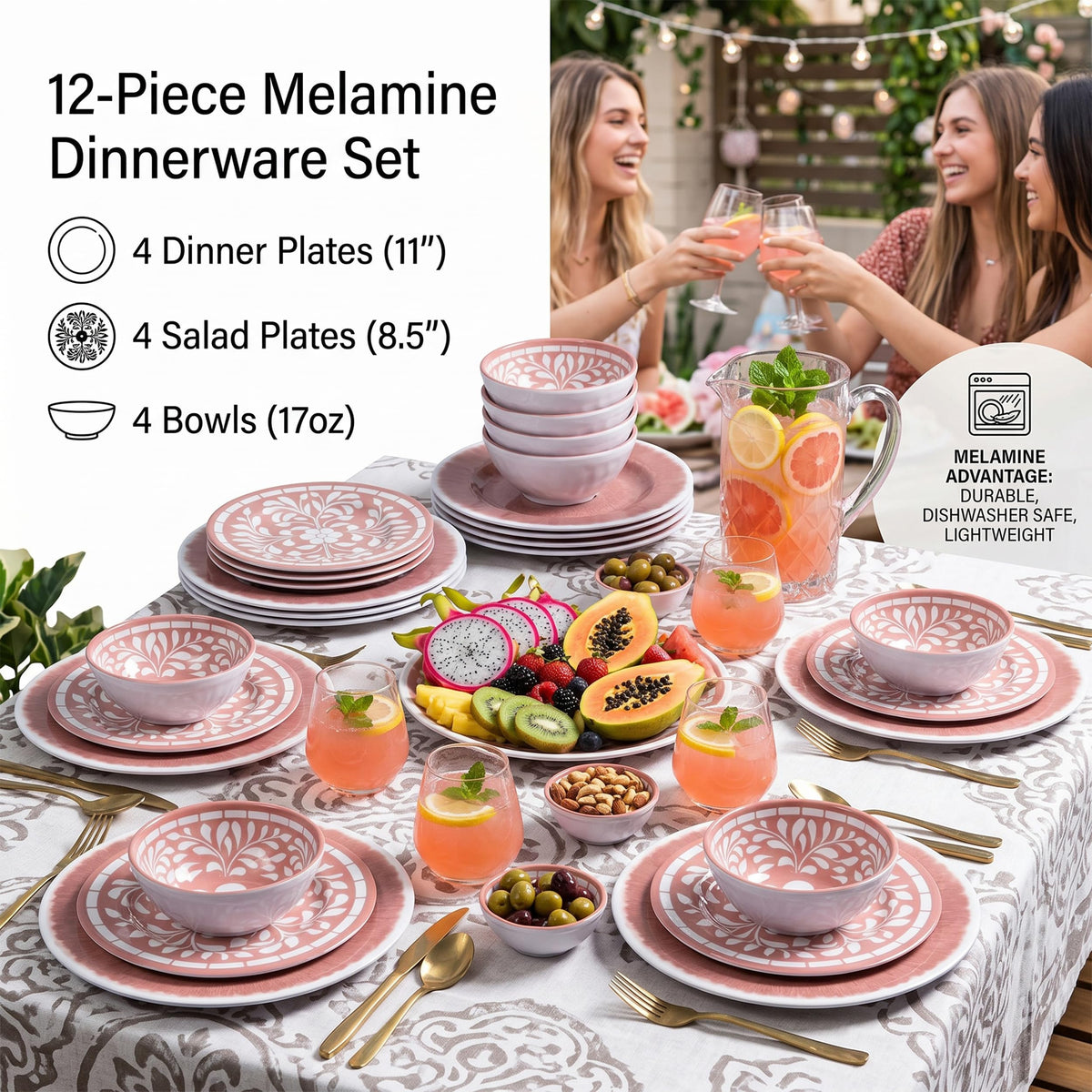 12 Pcs Light Pink Melamine Dinnerware Set W848