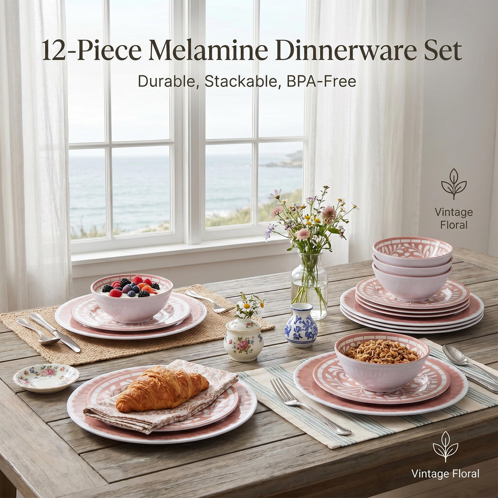 12 Pcs Light Pink Melamine Dinnerware Set W848